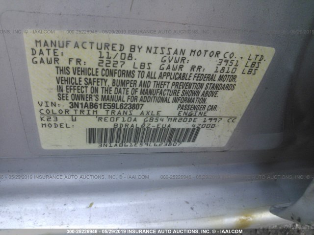 3N1AB61E59L623807 - 2009 NISSAN SENTRA 2.0/2.0S/2.0SL SILVER photo 9