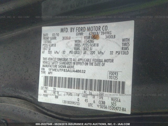 1FMEU7F83AUA48632 - 2010 FORD EXPLORER LIMITED GREEN photo 9