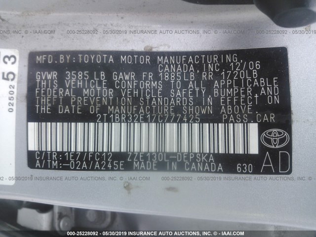 2T1BR32E17C777425 - 2007 TOYOTA COROLLA CE/LE/S SILVER photo 9