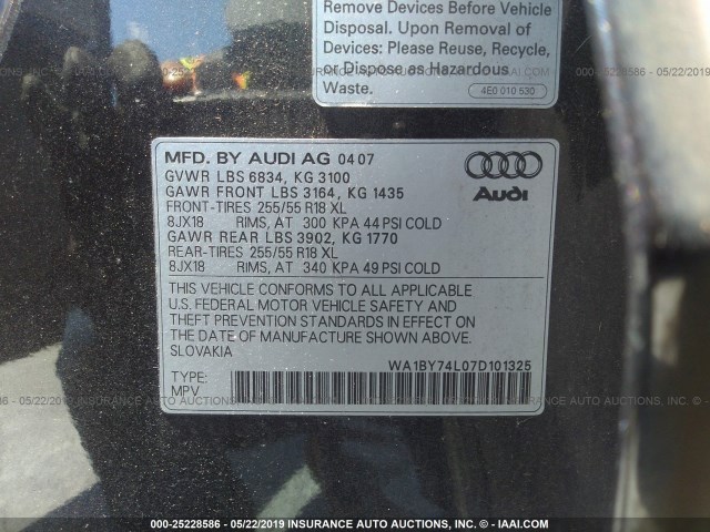 WA1BY74L07D101325 - 2007 AUDI Q7 3.6 QUATTRO PREMIUM GRAY photo 9