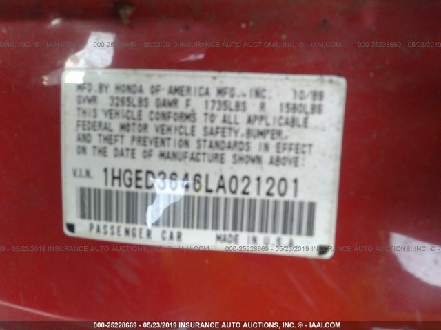 1HGED3646LA021201 - 1990 HONDA CIVIC DX RED photo 9