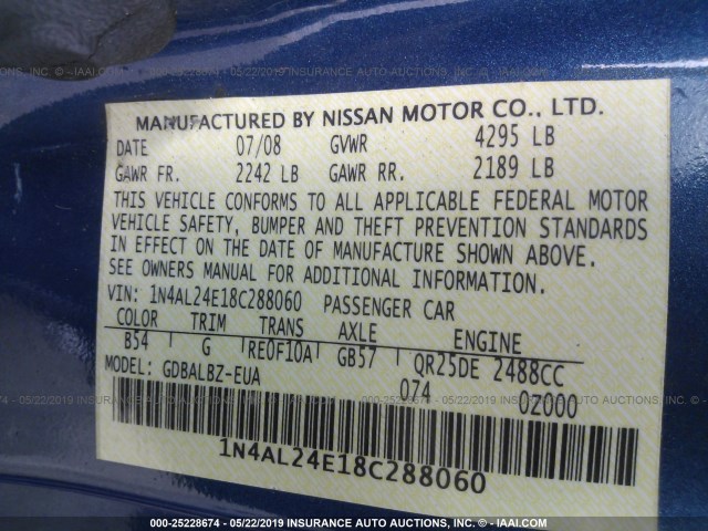 1N4AL24E18C288060 - 2008 NISSAN ALTIMA 2.5S BLUE photo 9