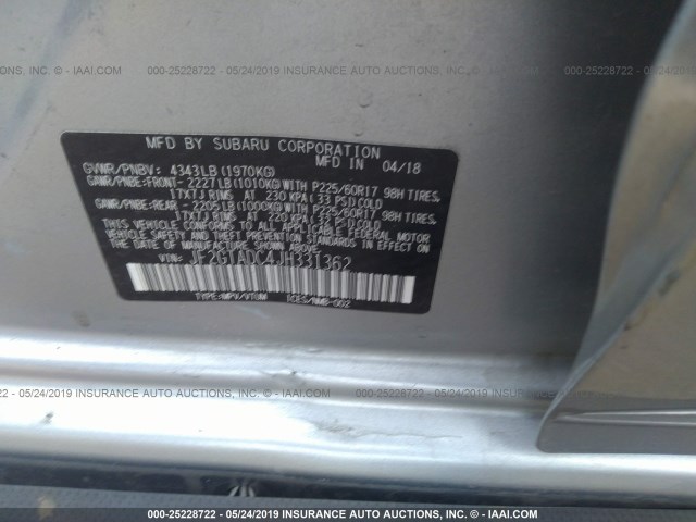 JF2GTADC4JH331362 - 2018 SUBARU CROSSTREK PREMIUM SILVER photo 9