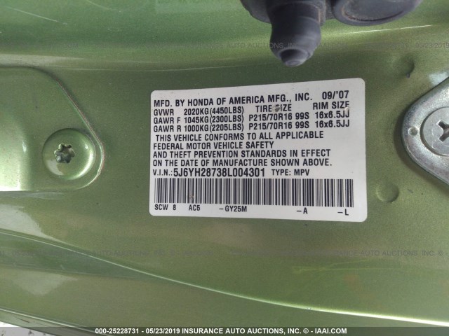 5J6YH28738L004301 - 2008 HONDA ELEMENT EX GREEN photo 9