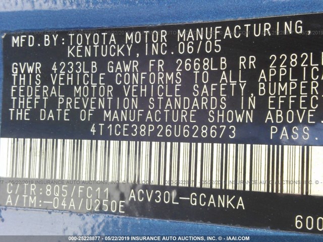 4T1CE38P26U628673 - 2006 TOYOTA CAMRY SOLARA SE/SLE BLUE photo 9