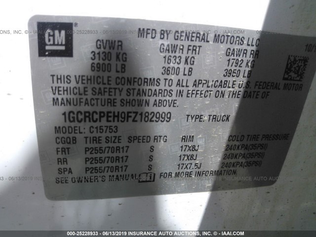 1GCRCPEH9FZ182999 - 2015 CHEVROLET SILVERADO C1500 WHITE photo 9