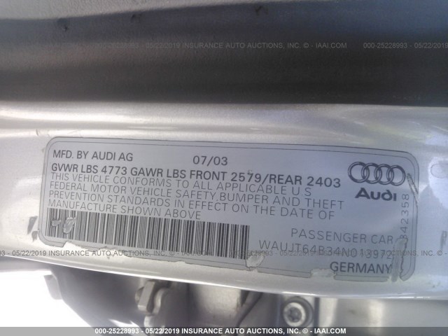 WAUJT64B34N013972 - 2004 AUDI A6 3 SILVER photo 9