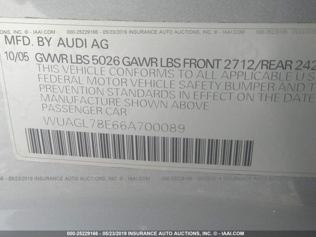 WUAGL78E66A700089 - 2006 AUDI S4 QUATTRO SILVER photo 9