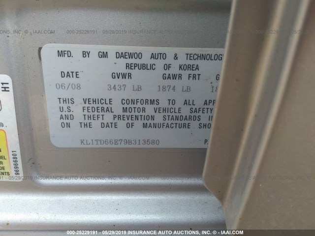 KL1TD66E79B313580 - 2009 CHEVROLET AVEO LS/LT ვერცხლისფერი ფოტო 9