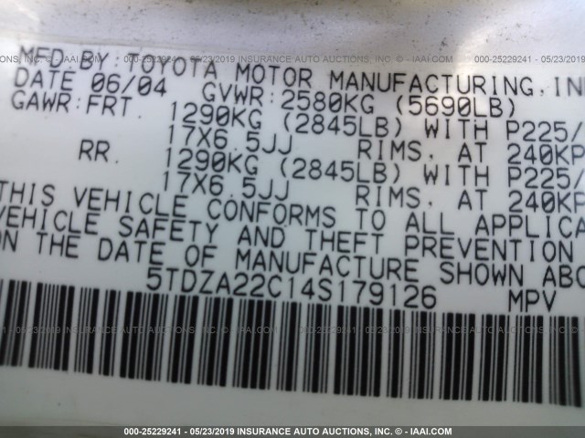 5TDZA22C14S179126 - 2004 TOYOTA SIENNA XLE/XLE LIMITED WHITE photo 9