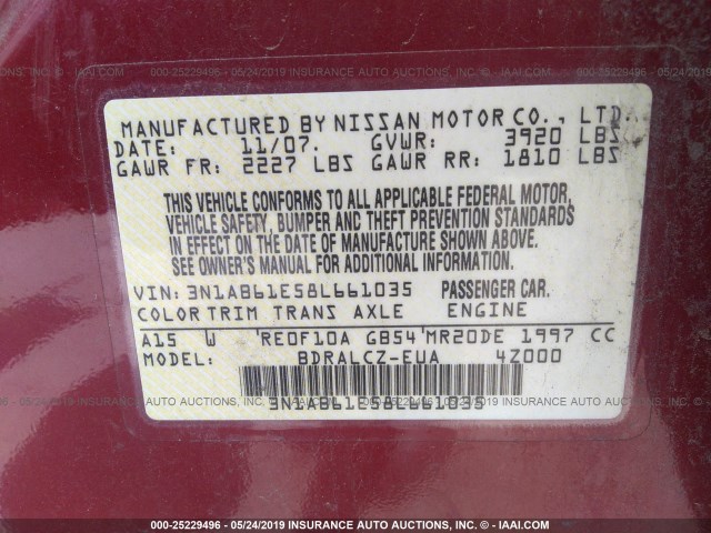 3N1AB61E58L661035 - 2008 NISSAN SENTRA 2.0/2.0S/2.0SL RED photo 9