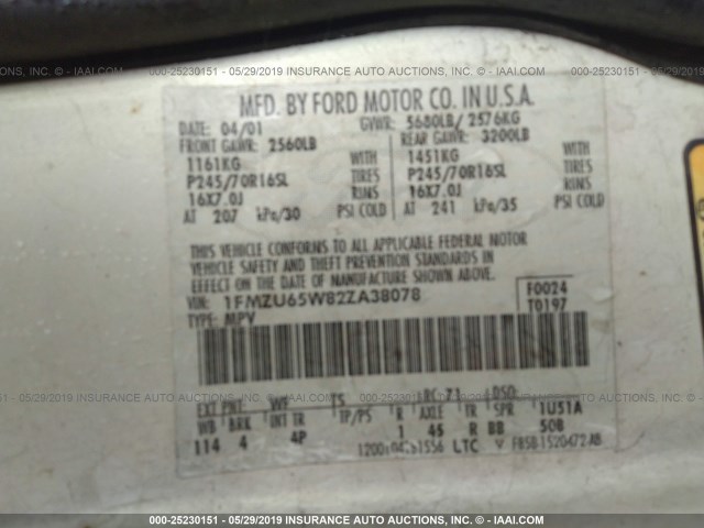 1FMZU65W82ZA38078 - 2002 FORD EXPLORER LIMITED WHITE photo 9