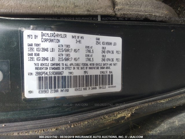 2B8GP54L51R308067 - 2001 DODGE GRAND CARAVAN ES GREEN photo 9