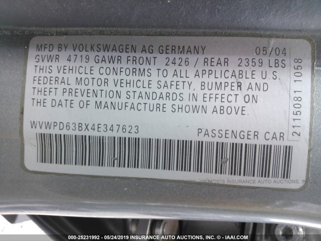 WVWPD63BX4E347623 - 2004 VOLKSWAGEN PASSAT GLS GRAY photo 9