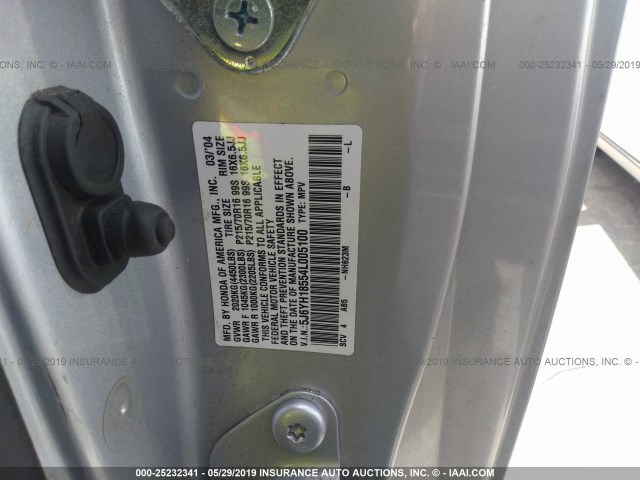 5J6YH18554L005100 - 2004 HONDA ELEMENT EX SILVER photo 9