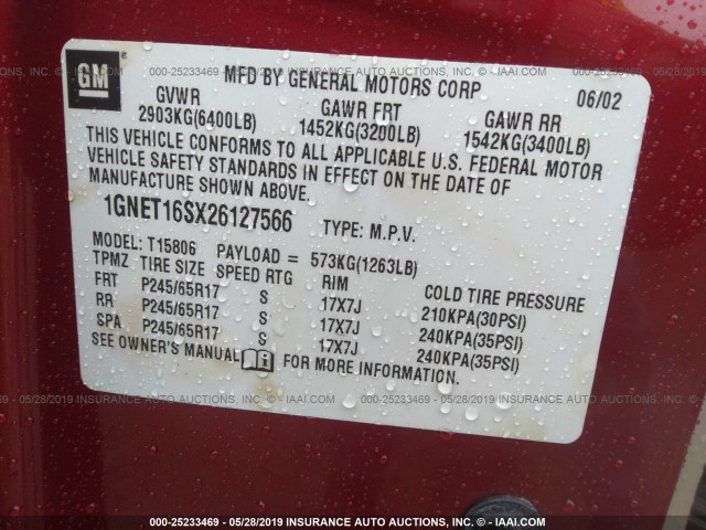 1GNET16SX26127566 - 2002 CHEVROLET TRAILBLAZER EXT 红色 照片 9