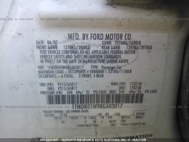 1FMDK05W98GA03017 - 2008 FORD TAURUS X SEL WHITE photo 9