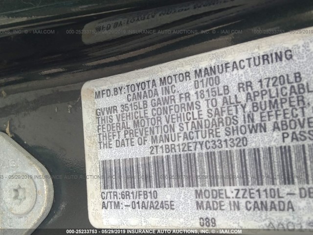 2T1BR12E7YC331320 - 2000 TOYOTA COROLLA VE/CE/LE 绿色 照片 9