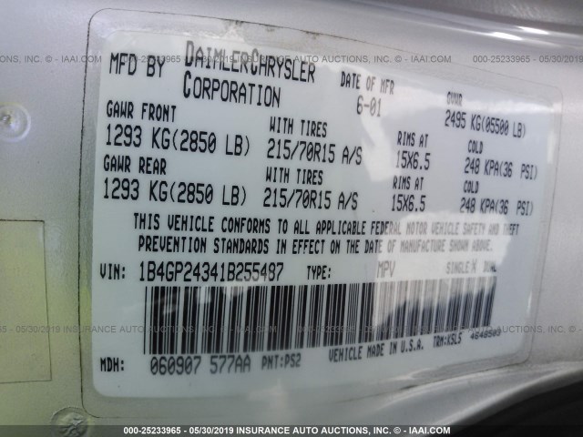 1B4GP24341B255487 - 2001 DODGE GRAND CARAVAN SE SILVER photo 9