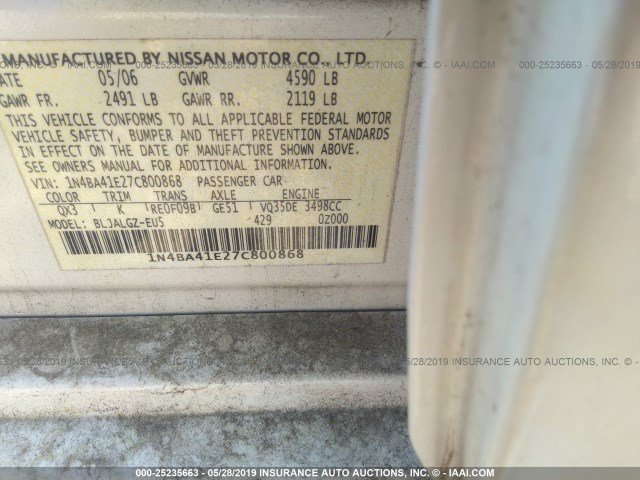 1N4BA41E27C800868 - 2007 NISSAN MAXIMA SE/SL WHITE photo 9