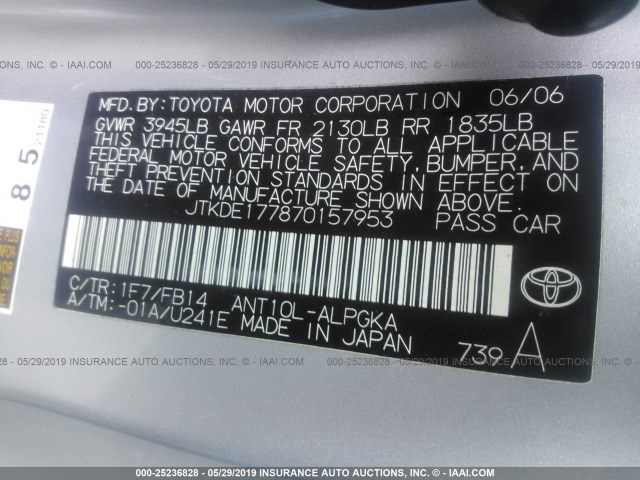 JTKDE177870157953 - 2007 TOYOTA SCION TC SILVER photo 9