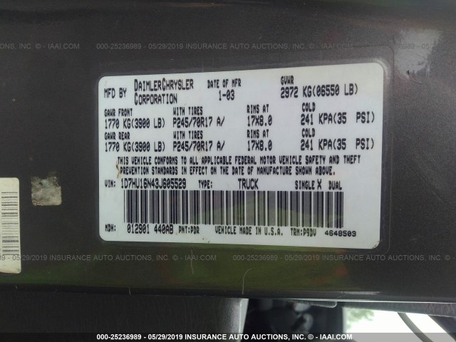 1D7HU16N43J605529 - 2003 DODGE RAM 1500 ST/SLT BLACK photo 9