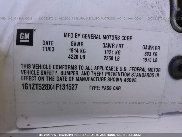 1G1ZT528X4F131527 - 2004 CHEVROLET MALIBU LS WHITE photo 9