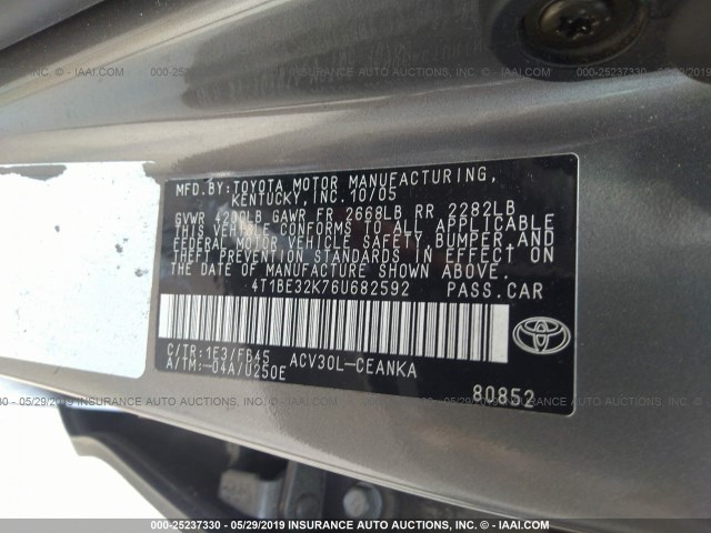 4T1BE32K76U682592 - 2006 TOYOTA CAMRY LE/XLE/SE SILVER photo 9