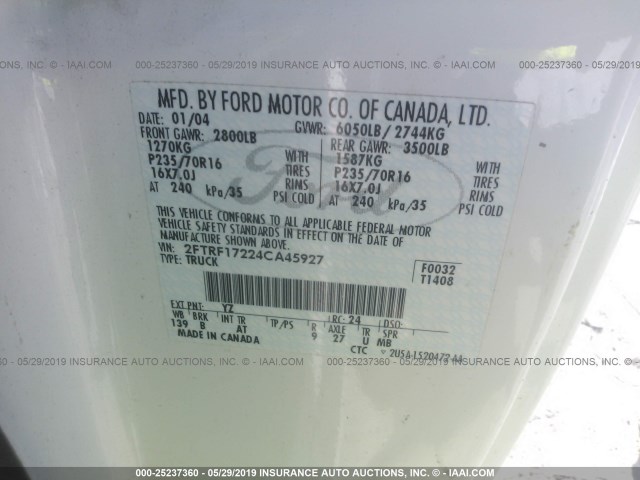 2FTRF17224CA45927 - 2004 FORD F-150 HERITAGE CLASSIC WHITE photo 9