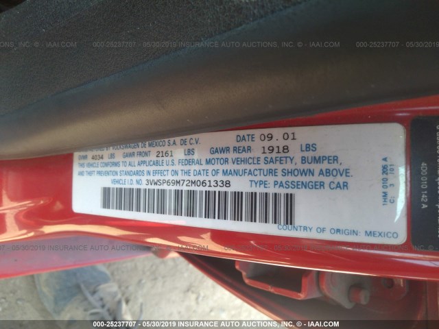 3VWSP69M72M061338 - 2002 VOLKSWAGEN JETTA GLS TDI RED photo 9