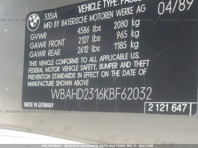 WBAHD2316KBF62032 - 1989 BMW 535 I AUTOMATIC SILVER photo 9