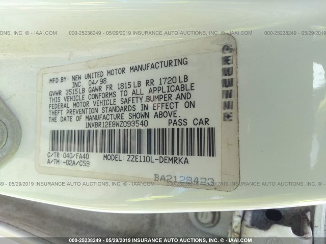 1NXBR12E8WZ093540 - 1998 TOYOTA COROLLA VE/CE/LE 白色 照片 9