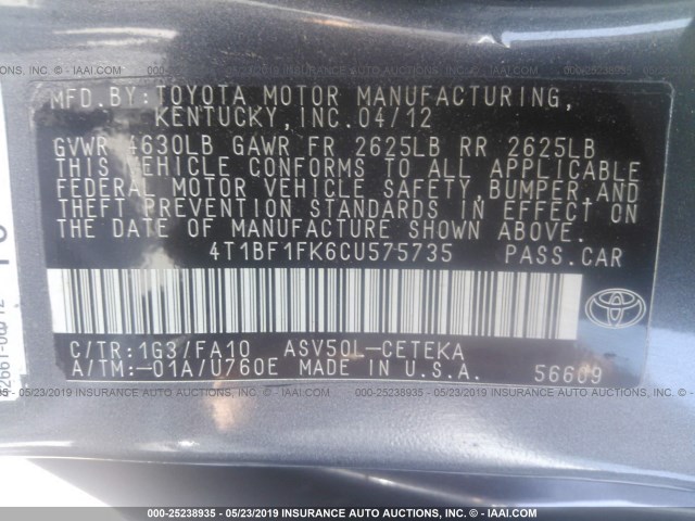 4T1BF1FK6CU575735 - 2012 TOYOTA CAMRY SE/LE/XLE GRAY photo 9