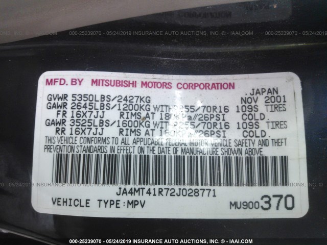 JA4MT41R72J028771 - 2002 MITSUBISHI MONTERO SPORT LIMITED BLUE photo 9