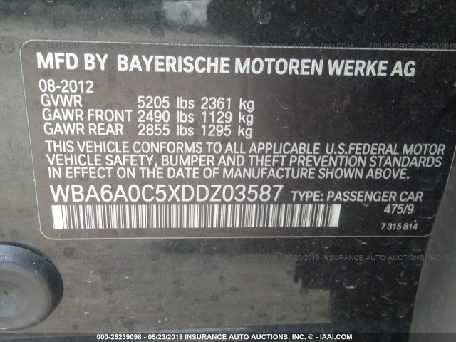 WBA6A0C5XDDZ03587 - 2013 BMW 640 I BLACK photo 9