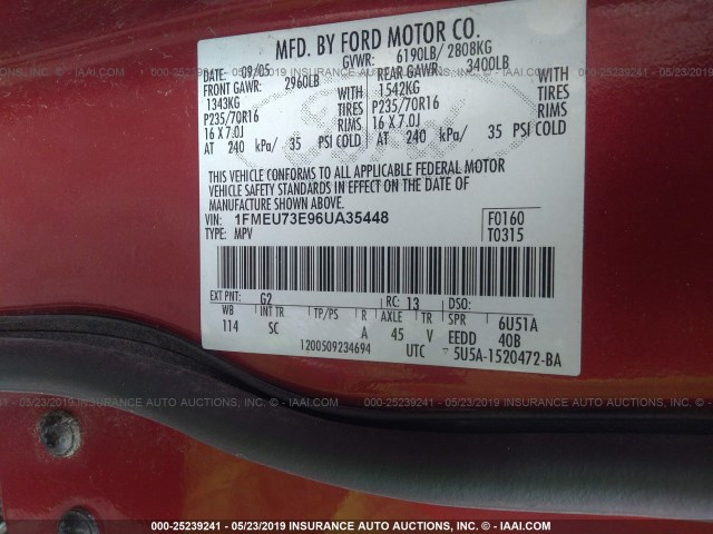 1FMEU73E96UA35448 - 2006 FORD EXPLORER XLT RED photo 9