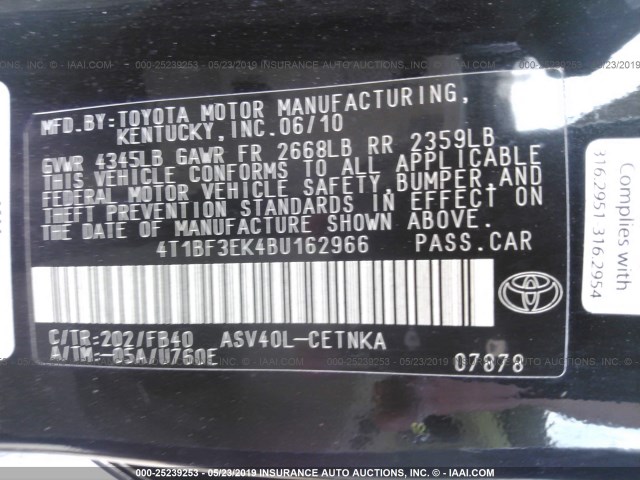 4T1BF3EK4BU162966 - 2011 TOYOTA CAMRY SE/LE/XLE BLACK photo 9