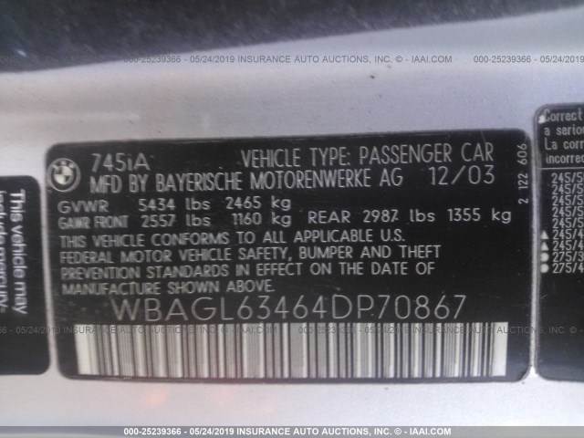 WBAGL63464DP70867 - 2004 BMW 745 I SILVER photo 9