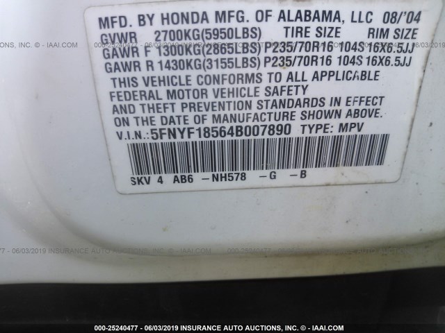 5FNYF18564B007890 - 2004 HONDA PILOT EXL WHITE photo 9