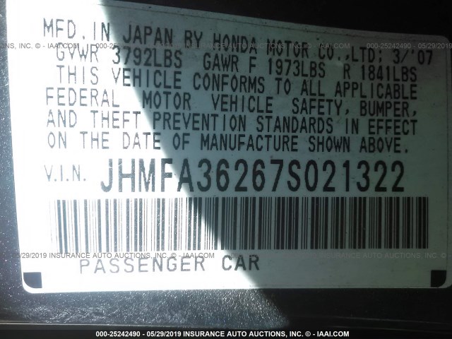 JHMFA36267S021322 - 2007 HONDA CIVIC HYBRID BLACK photo 9