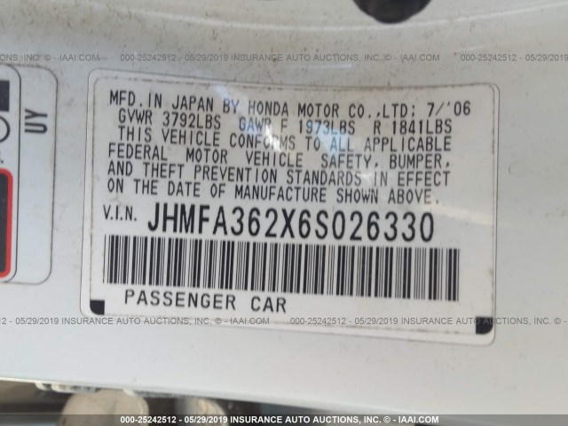 JHMFA362X6S026330 - 2006 HONDA CIVIC HYBRID WHITE photo 9