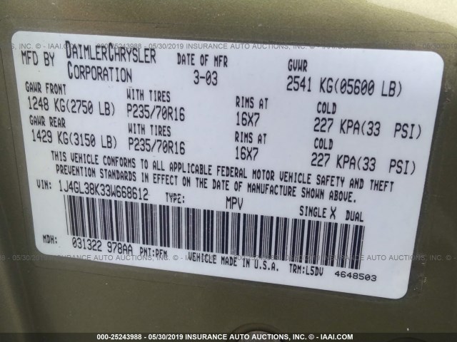 1J4GL38K33W668612 - 2003 JEEP LIBERTY RENEGADE 绿色 照片 9