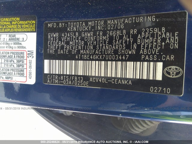 4T1BE46KX7U003447 - 2007 TOYOTA CAMRY CE/LE/XLE/SE BLUE photo 9