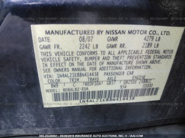 1N4AL21E88N414438 - 2008 NISSAN ALTIMA 2.5/2.5S BLUE photo 9