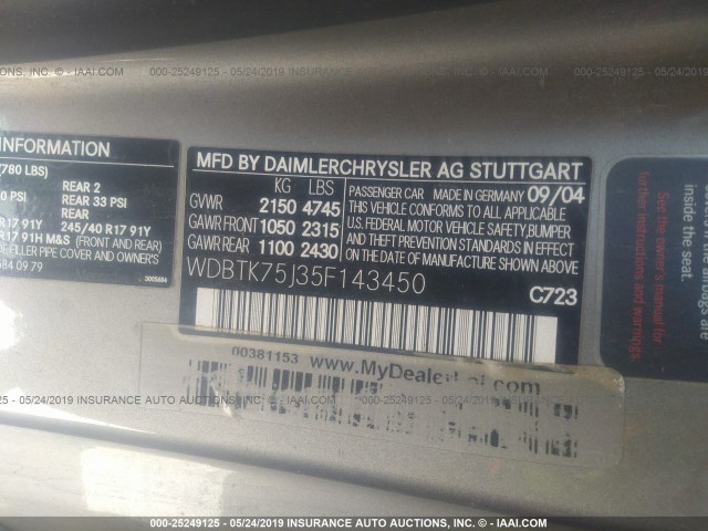 WDBTK75J35F143450 - 2005 MERCEDES-BENZ CLK 500 SILVER photo 9