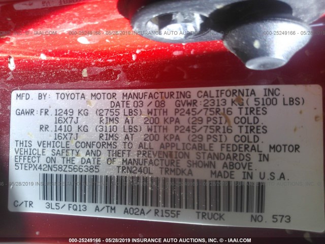 5TEPX42N58Z566385 - 2008 TOYOTA TACOMA RED photo 9