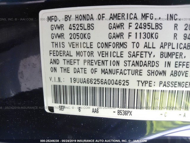 19UUA66256A004625 - 2006 ACURA 3.2TL BLUE photo 9