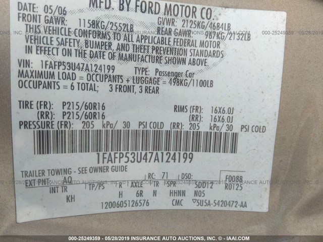 1FAFP53U47A124199 - 2007 FORD TAURUS SE GOLD photo 9