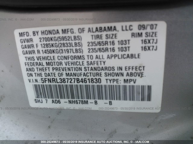 5FNRL38727B461830 - 2007 HONDA ODYSSEY EXL SILVER photo 9