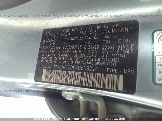 KM8JN72D97U609214 - 2007 HYUNDAI TUCSON SE/LIMITED Light Blue photo 9